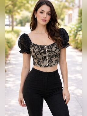 Black Lace Puff Sleeve Crop Top Sheer Floral Button Front Size 8
